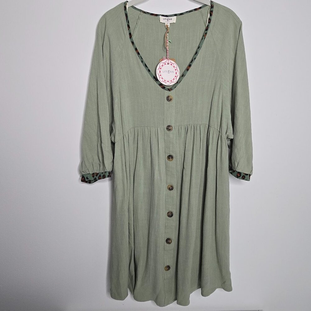 Umgee Womens Dress Small Sage Green Boho Button V-Neck Linen Blend Knee Length